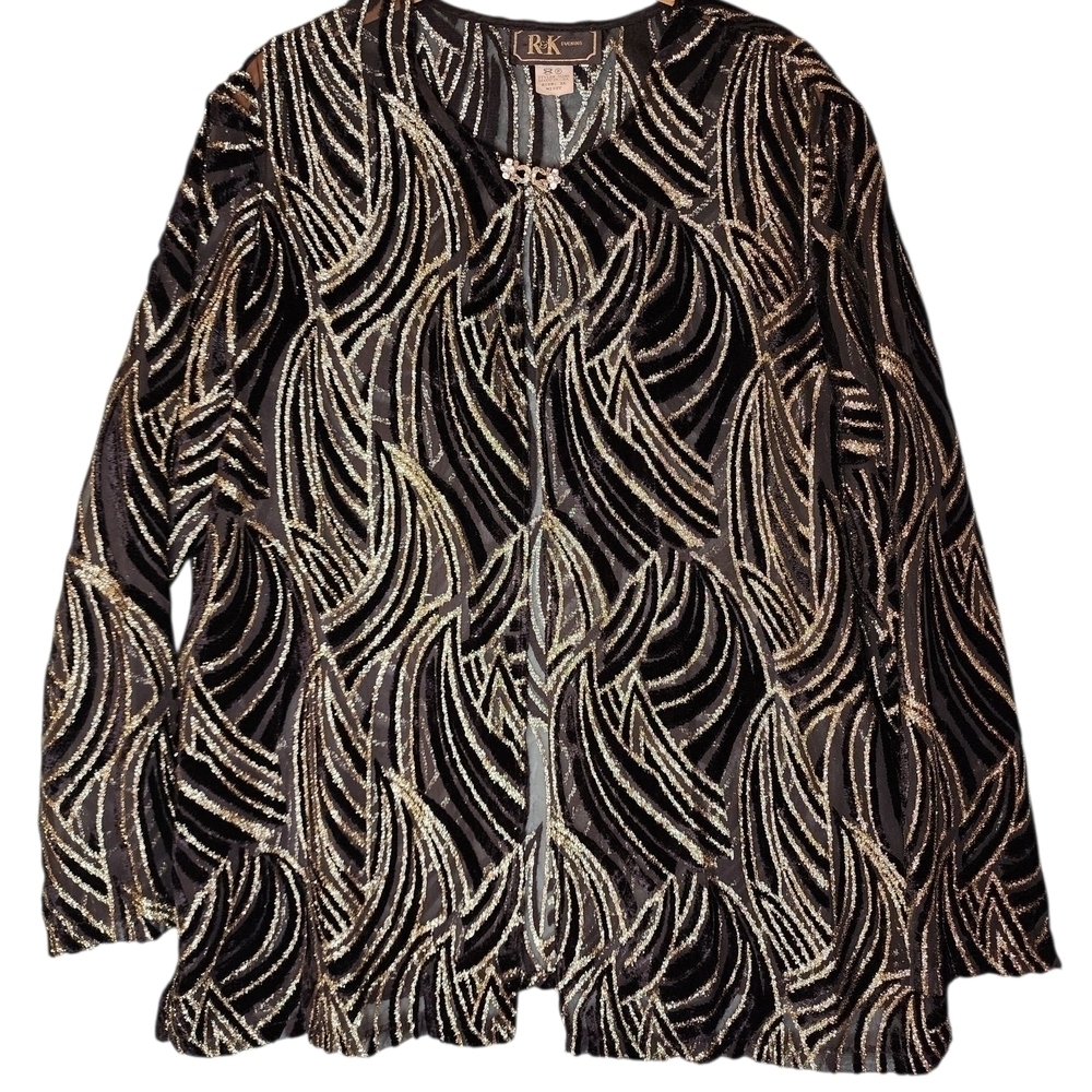 R&K Evening Vintage Black Gold Metallic Velvet Jacquard Jacket XL Missy